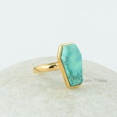 Turquoise Gem Ring, Turquoise 10x17mm Coffin Gemstone Ring, 18k Gold Plated Bezel Set Ring, 925 Sterling Silver Coffin Shape Ring For Women
